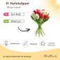 Preview: zwei Handbemalte Tulpensträuße aus Holz in pink und weiß, je 11 Stück, stehend und liegend
