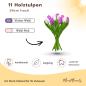 Preview: zwei Handbemalte Tulpensträuße aus Holz in lila und weiß, je 11 Stück, stehend und liegend