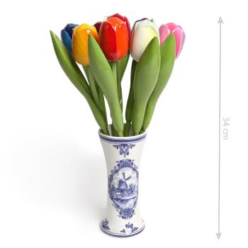 Tulpenstrauß aus Holz in einer holländischen Keramik Vase - 9 handbemalte Holztulpen, 34 cm hoch, Multicolor, Holzblumen Deko, Made in Holland