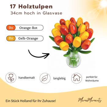 Preview: Handbemalte Tulpen aus Holz in  bunten Farben, 17 Stück, stehend in einer Glasvase
