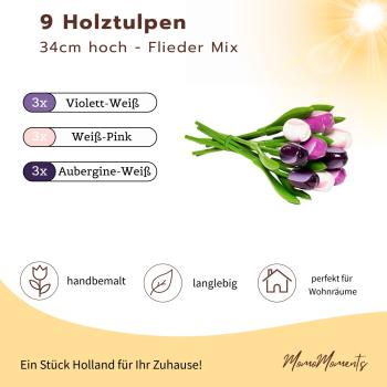 Preview: Handbemalte Tulpen aus Holz in  lila-flieder Farben, 9 Stück, stehend in weißer Holzvase