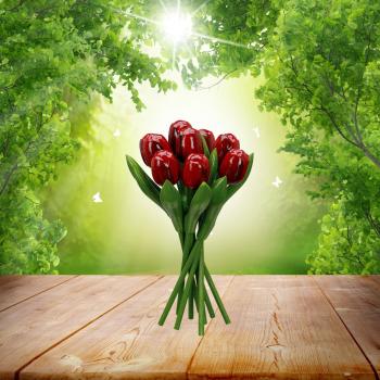 2x Tulip bouquet made of wood - 9 hand-painted wooden tulips, 20 cm tall, red/aubergine, wooden flower decoration, made in Holland