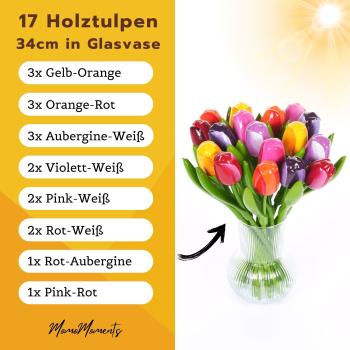 17 wooden tulips including glass vase, 34 cm high, tulip bouquet, hand-painted, decoration, gift, Made in Holland