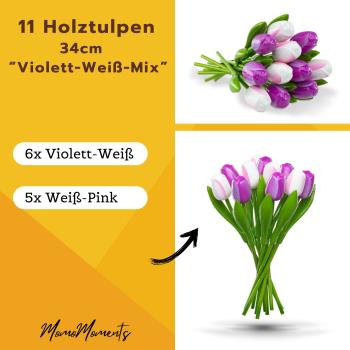 Preview: zwei Handbemalte Tulpensträuße aus Holz in lila und weiß, je 11 Stück, stehend und liegend