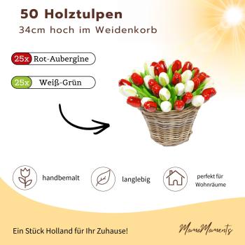 Preview: Hand-painted wooden tulips in red and white, 50 pieces, standing in a wicker basket