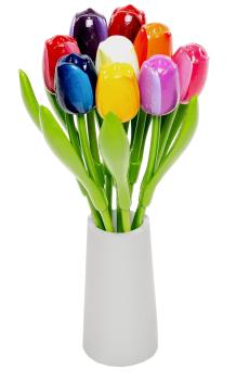Handbemalte Tulpen aus Holz in bunten Farben, 9 Stück, stehend in einer weißen Holzvase
