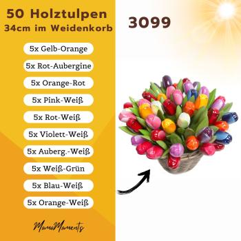 Preview: Handbemalte Tulpen aus Holz in  bunten Farben, 50 Stück, stehend in einem Weidenkorb
