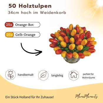 Preview: Hand-painted wooden tulips in pink, orange and yellow, 50 pieces, standing in a wicker basket