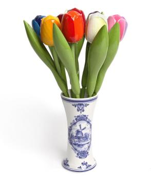 Tulpenstrauß aus Holz in einer holländischen Keramik Vase - 9 handbemalte Holztulpen, 34 cm hoch, Multicolor, Holzblumen Deko, Made in Holland