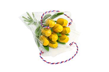 Tulip bouquet made of wood - 9 hand-painted wooden tulips, 34 cm tall, yellow/green, wooden flower decoration, made in Holland