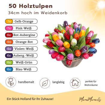 Preview: 50 Holztulpen in einem Weidenkorb - handbemalt, Holzblumen Deko, Made in Holland