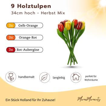 Preview: zwei Holztulpensträuße in herbstlichen Farben, je 9 Stück, stehend und liegend