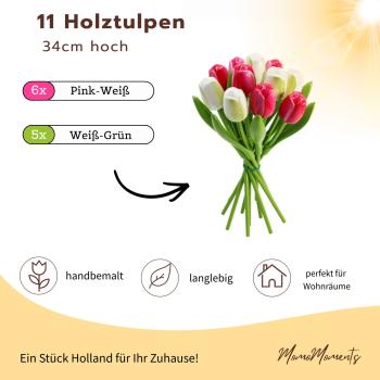 Preview: zwei Handbemalte Tulpensträuße aus Holz in pink und weiß, je 11 Stück, stehend und liegend