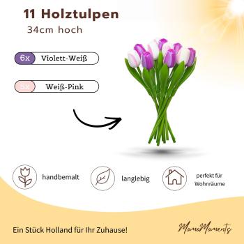 Preview: zwei Handbemalte Tulpensträuße aus Holz in lila und weiß, je 11 Stück, stehend und liegend