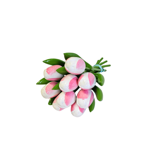 Handbemalte Tulpen aus Holz in weiß-rosa, 9 Stück, liegend