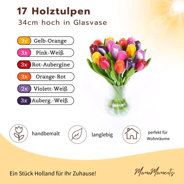 Handbemalte Tulpen aus Holz in  bunten Farben, 17 Stück, stehend in einer Glasvase