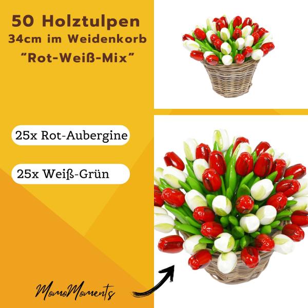 50 wooden tulips each 34 cm high in a wicker basket, hand-painted, wooden flowers, wooden decoration, wooden art tulips, Made in Holland
