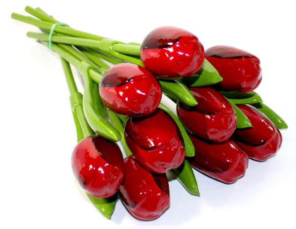Tulip bouquet made of wood - 9 hand-painted wooden tulips, 34 cm tall, red/aubergine, wooden flower decoration, made in Holland