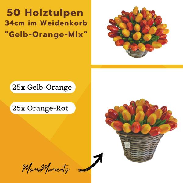 Handbemalte Tulpen aus Holz in Pink, Orange und Gelb, 50 Stück, stehend in einem Weidenkorb