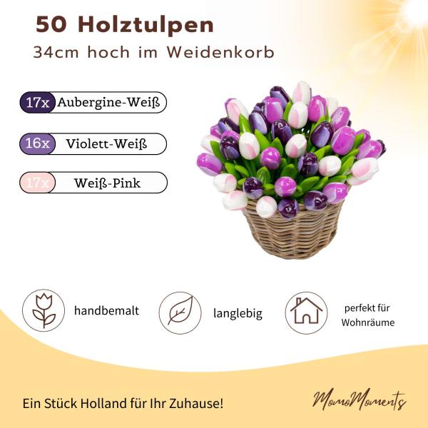 Hand-painted wooden tulips in lilac colors, 50 pieces, standing in a wicker basket