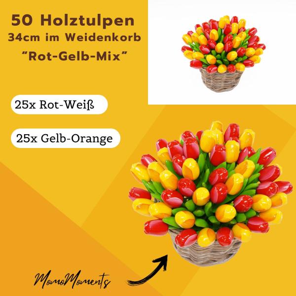 50 wooden tulips each 34 cm high in a wicker basket, hand-painted, wooden flowers, wooden decoration, wooden art tulips, Made in Holland