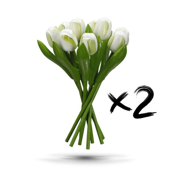 2 x Tulip bouquet made of wood - 9 hand-painted wooden tulips, 20 cm tall, white/green, wooden flower decoration, made in Holland