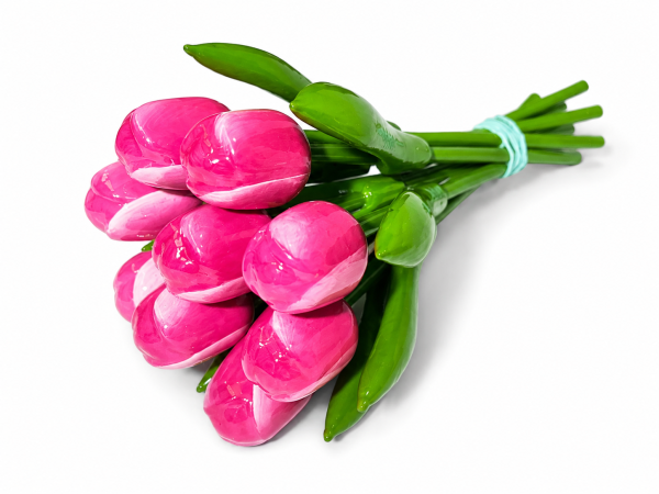 Handbemalte Tulpen aus Holz in pink-weiß, 9 Stück, liegend