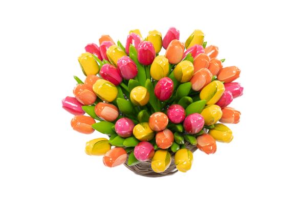 50 wooden tulips each 34 cm high in a wicker basket, hand-painted, wooden flowers, wooden decoration, wooden art tulips, Made in Holland - Kopie