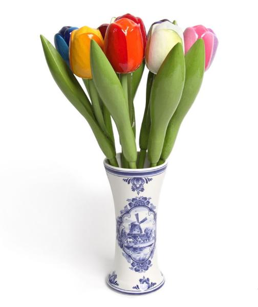 Tulpenstrauß aus Holz in einer holländischen Keramik Vase - 9 handbemalte Holztulpen, 34 cm hoch, Multicolor, Holzblumen Deko, Made in Holland