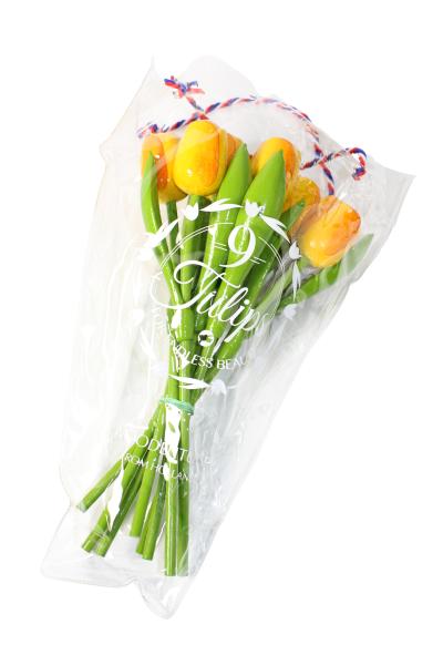 Tulip bouquet made of wood - 9 hand-painted wooden tulips, 34 cm tall, yellow/orange, wooden flower decoration, made in Holland