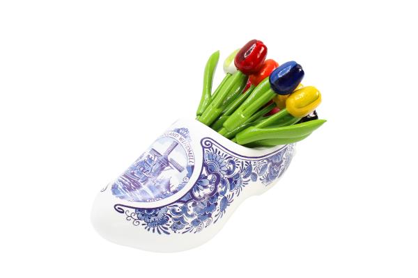 Wooden tulip bouquet in wooden shoe Delft blue - 9 hand painted wooden tulips, 20 cm high, multicolored, wooden flower dekoration, Made in Holland