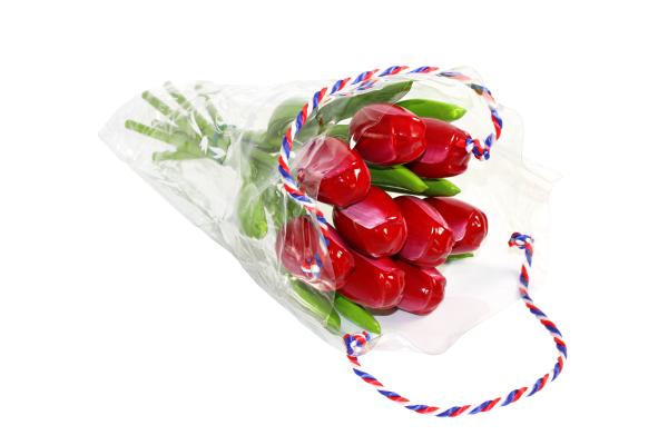 Tulip bouquet made of wood - 9 hand-painted wooden tulips, 34 cm tall, red/white, wooden flower decoration, made in Holland