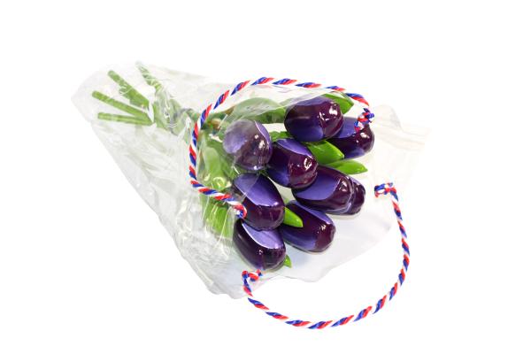 Tulip bouquet made of wood - 9 hand-painted wooden tulips, 34 cm tall, aubergine/white, wooden flower decoration, made in Holland