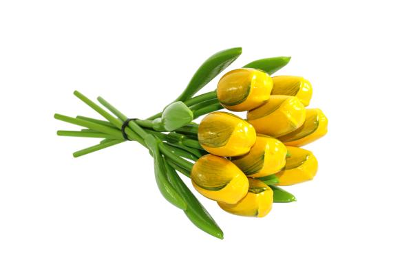 Tulip bouquet made of wood - 9 hand-painted wooden tulips, 34 cm tall, yellow/green, wooden flower decoration, made in Holland