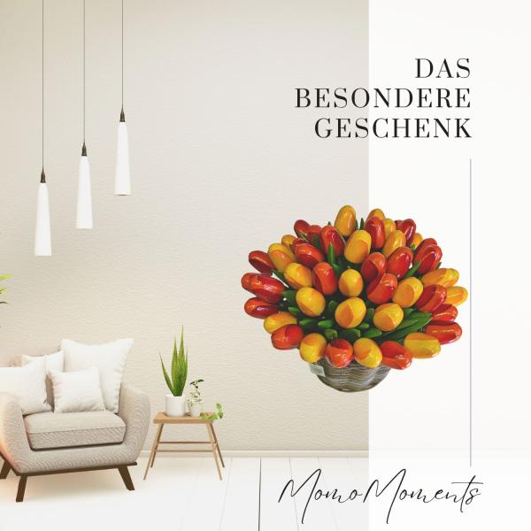 50 Holztulpen in einem Weidenkorb - handbemalt, Holzblumen Deko, Made in Holland