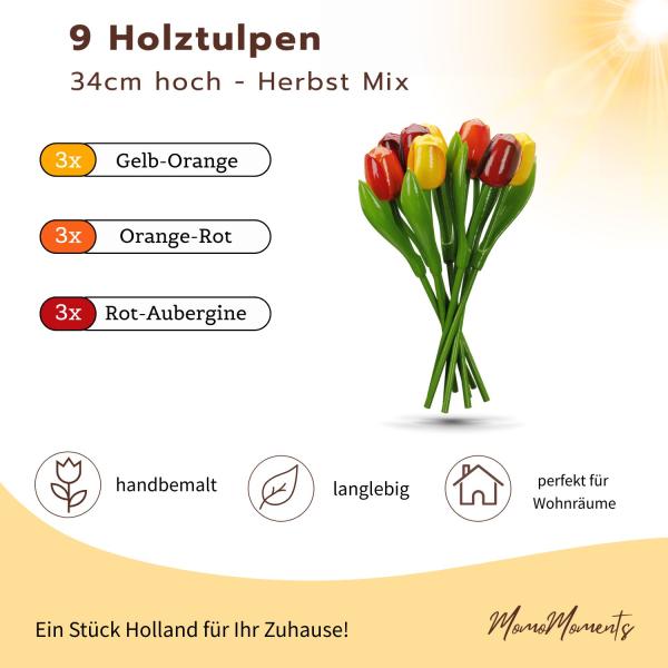 zwei Holztulpensträuße in herbstlichen Farben, je 9 Stück, stehend und liegend
