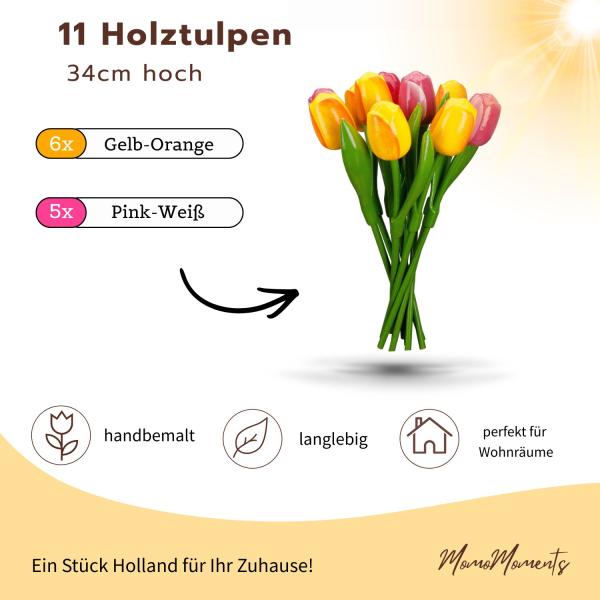 zwei handbemalte Tulpenstäuße aus Holz in pink und gelb, je 11 Stück, stehend und liegend