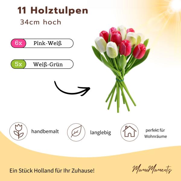 zwei Handbemalte Tulpensträuße aus Holz in pink und weiß, je 11 Stück, stehend und liegend