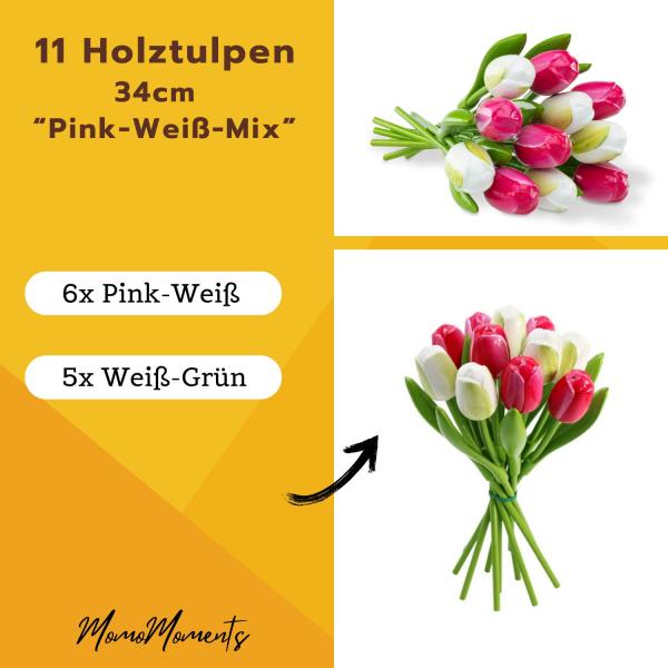 zwei Handbemalte Tulpensträuße aus Holz in pink und weiß, je 11 Stück, stehend und liegend