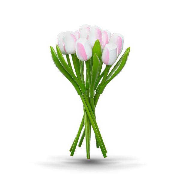 Tulip bouquet made of wood - 9 hand-painted wooden tulips, 34 cm tall, white/pink, wooden flower decoration, made in Holland