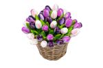 50 wooden tulips each 34 cm high in a wicker basket, hand-painted, wooden flowers, wooden decoration, wooden art tulips, Made in Holland
