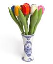 Tulip bouquet made of wood in a Dutch ceramic vase - 9 hand-painted wooden tulips, 34 cm tall, multicolored, wooden flower decoration, made in Holland