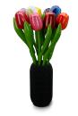Wooden tulip bouquet - 9 hand-painted wooden tulips, 34 cm tall, multicolored, including 3D vase black, wooden flower decoration, Made in Holland